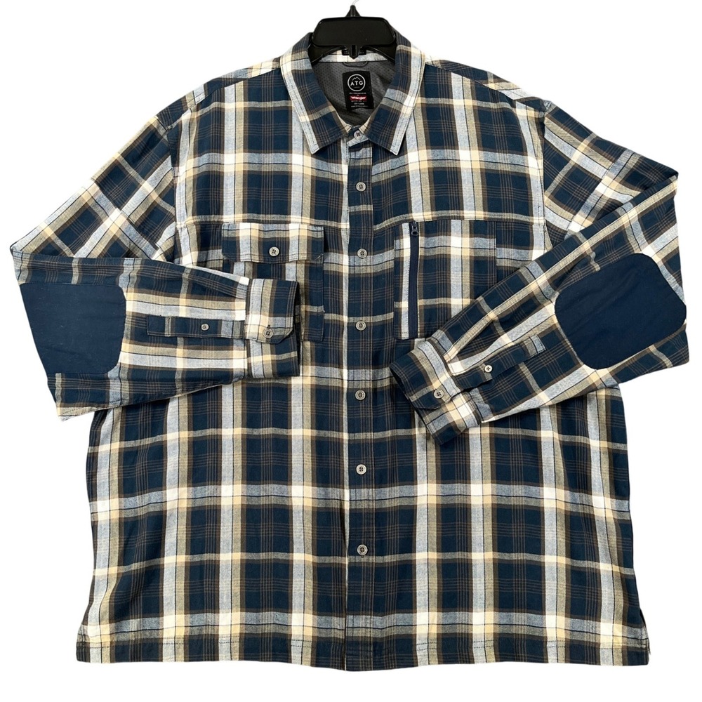 Wrangler ATG Outdoor Performance Shirt Mens XXL Plaid Elbow Patches Zip Pocket
